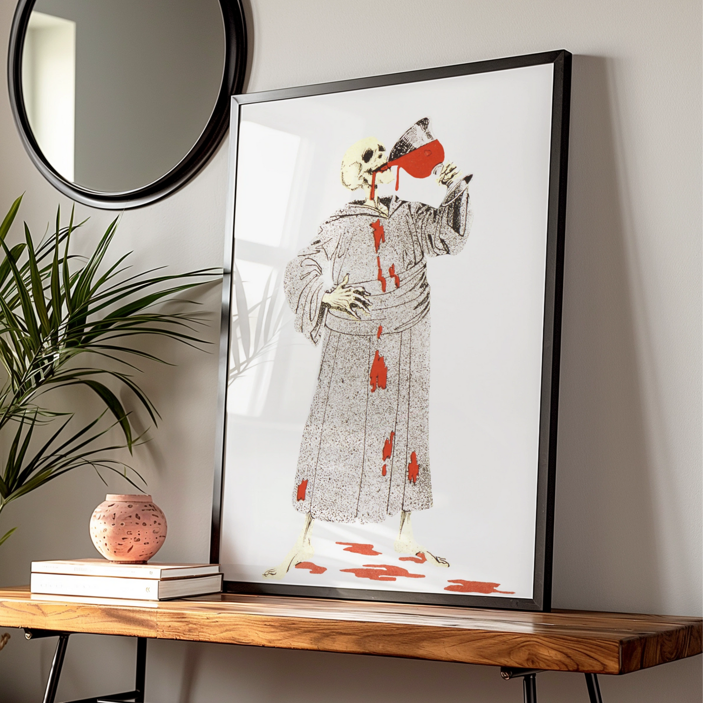 Skeleton Drinking Blood Halloween Poster, Spooky Skull Wall Art, Gothic Horror Print, Dark