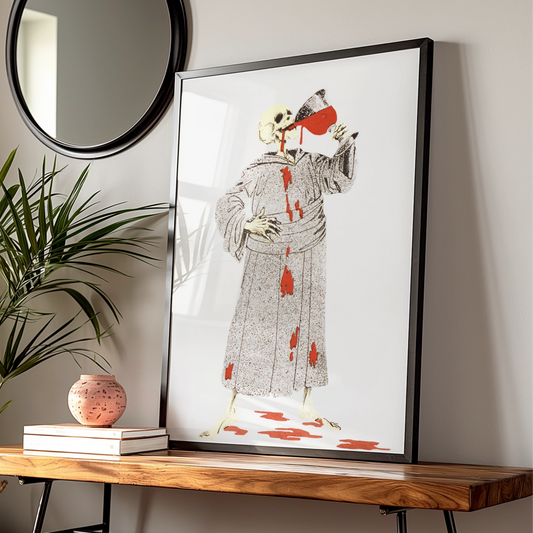 Skeleton Drinking Blood Halloween Poster, Spooky Skull Wall Art, Gothic Horror Print, Dark