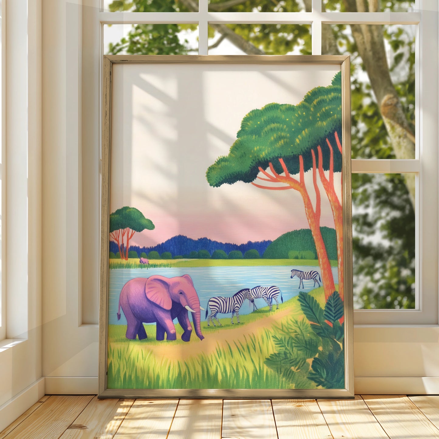 Safari Nursery Wall Art, Elephant Zebra Print, Colourful Animal Poster for Kids Room Decor