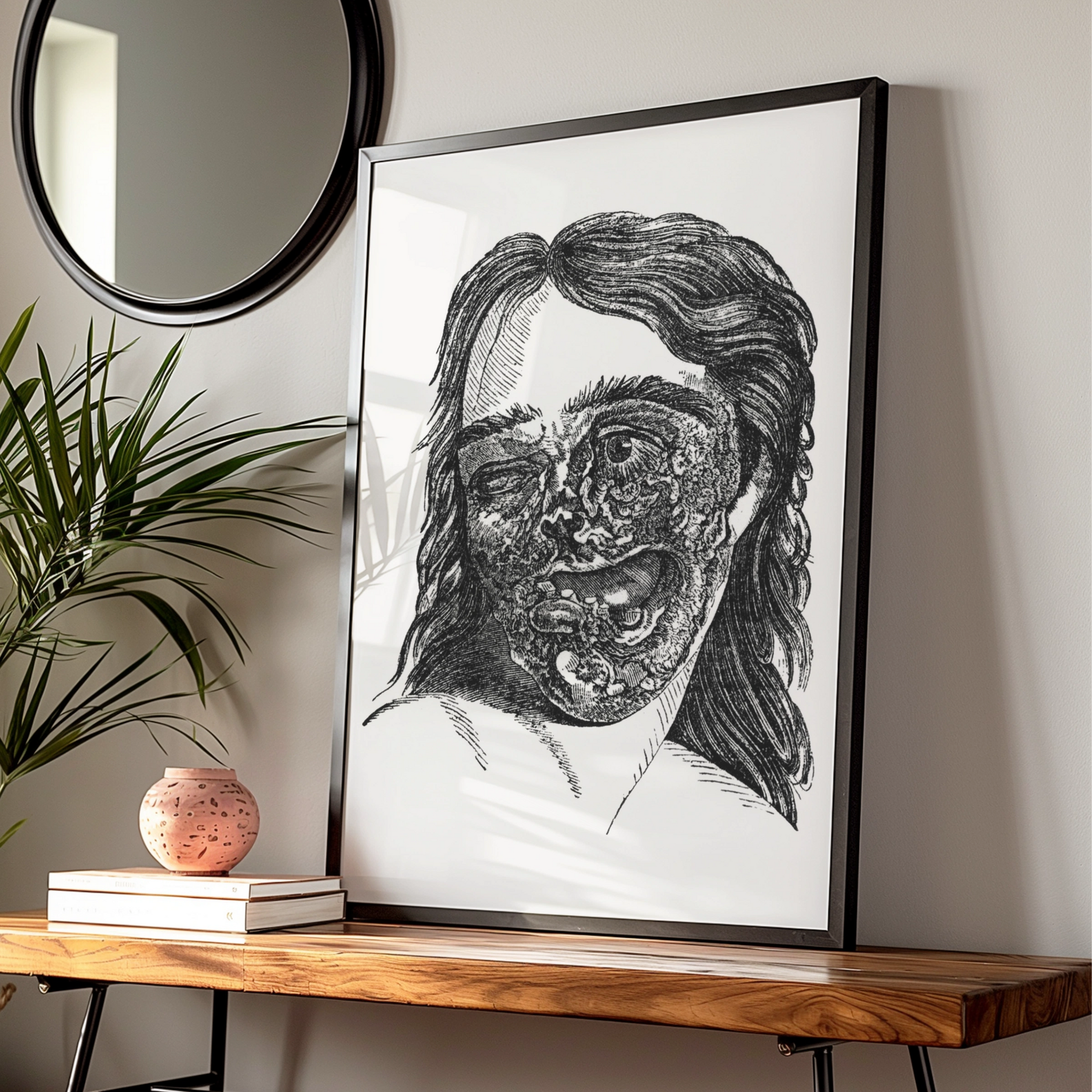 Halloween Horror Poster, Gothic Zombie Face Wall Art, Vintage Engraving Dark Print