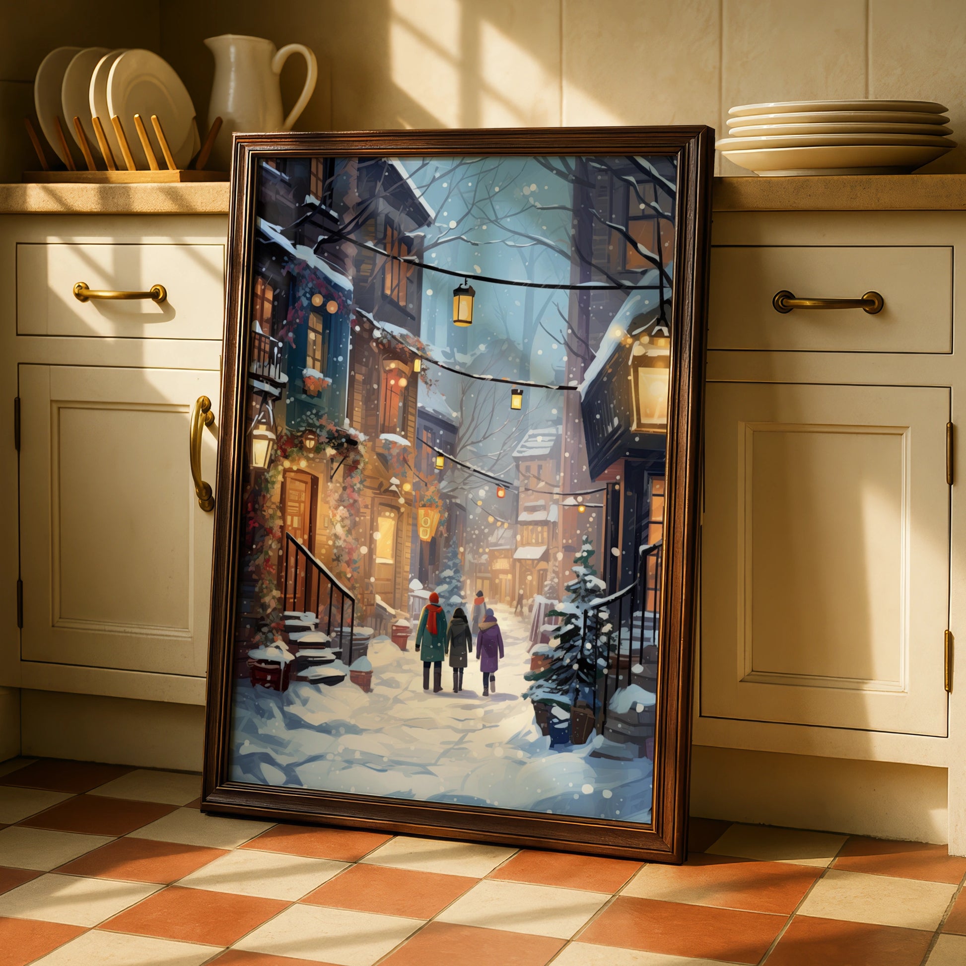 Christmas Village Street Poster, Snowy Winter Scene Wall Art, Festive Holiday Print