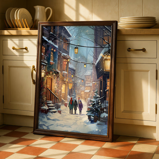 Christmas Village Street Poster, Snowy Winter Scene Wall Art, Festive Holiday Print