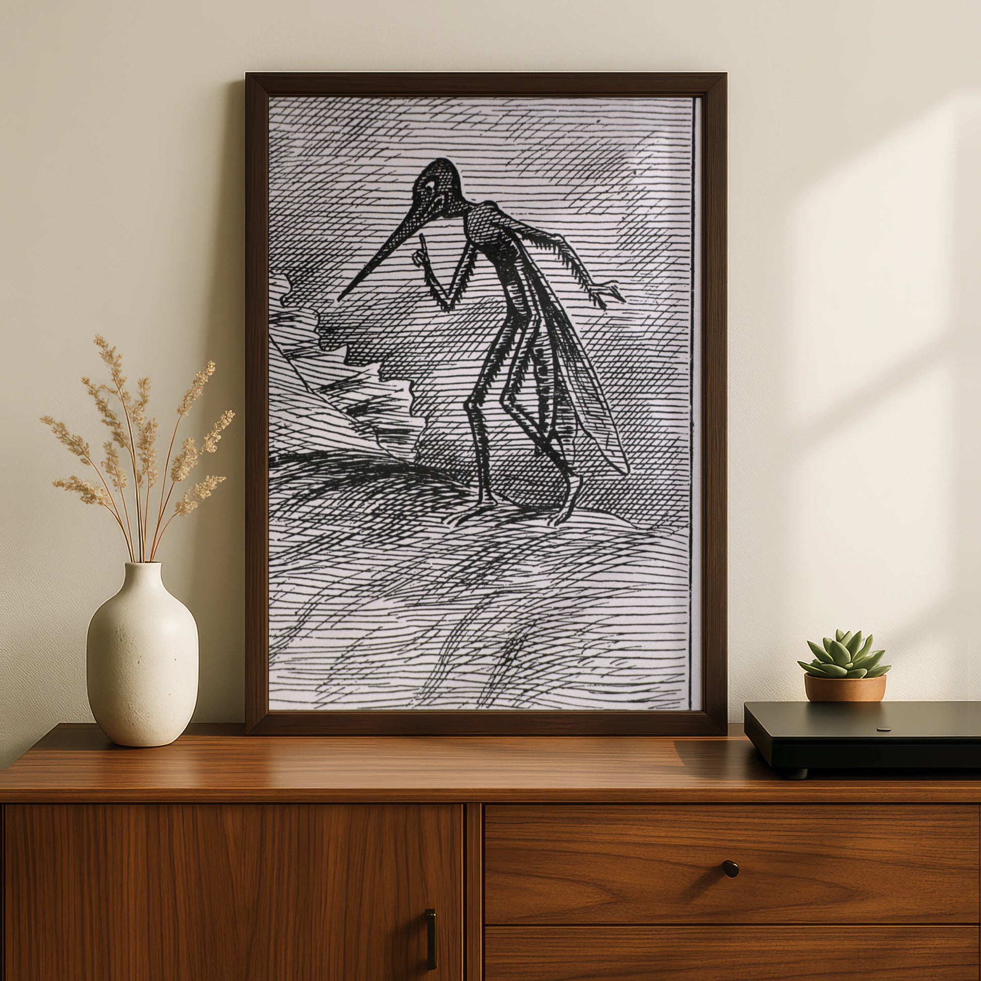 Halloween Plague Doctor Poster, Dark Gothic Creature Art Print, Black White Horror Wall Decor