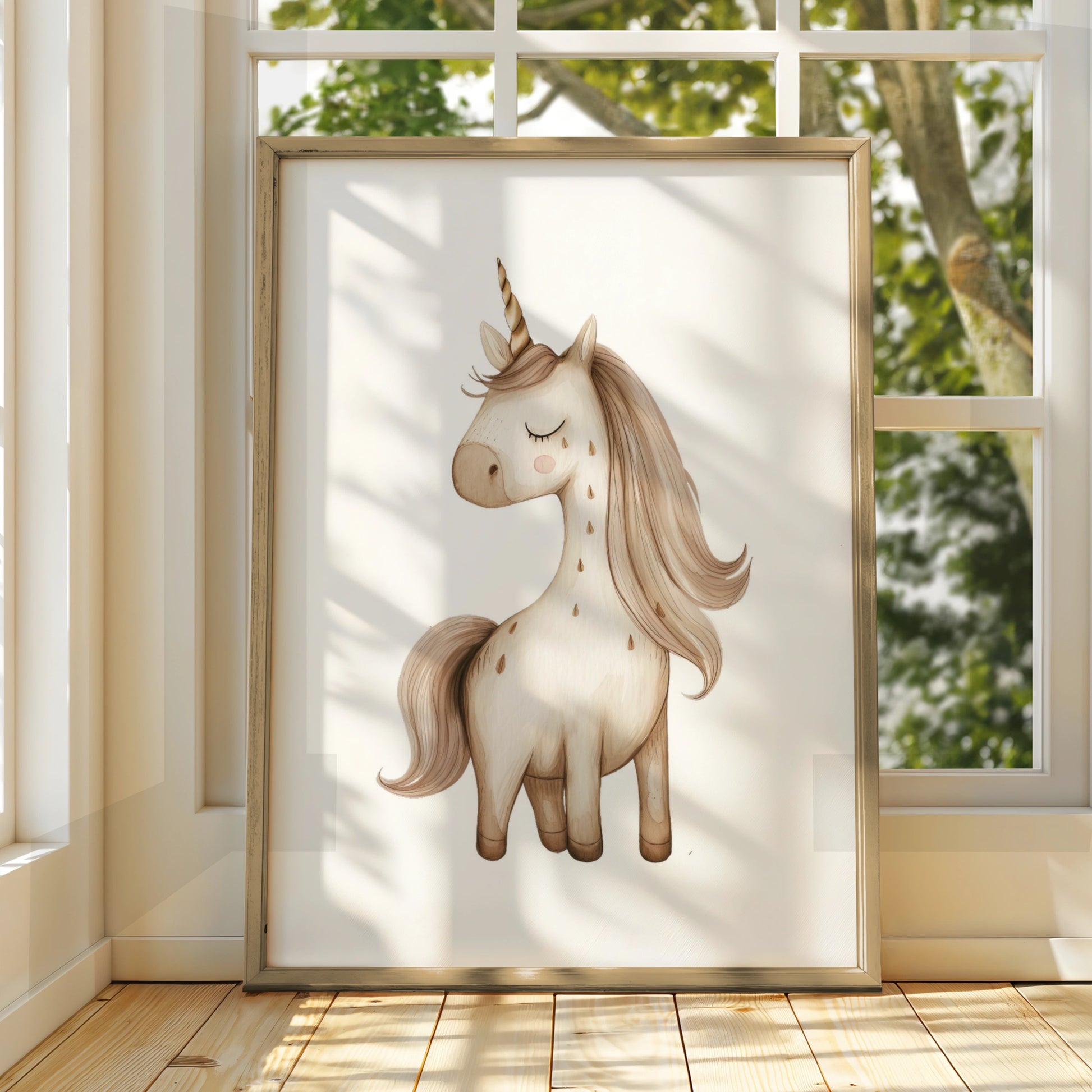 Unicorn Nursery Wall Art, Boho Beige Unicorn Poster, Girls Room Decor Print
