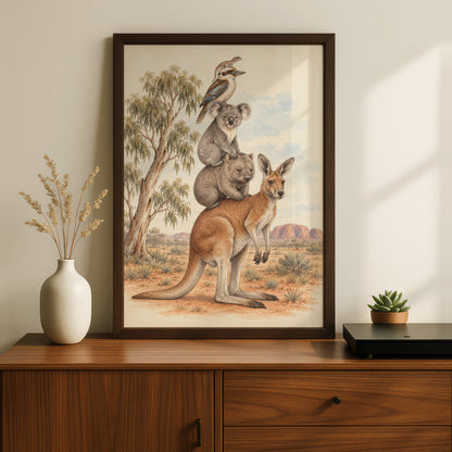 Australian Wildlife Stack Print, Kangaroo Koala Wombat Kookaburra, Outback Wall Art