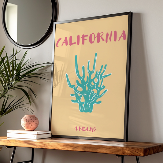California Travel Poster, Retro Coral Wall Art, Vintage Beach Print, USA Coastal Decor — Digital Download