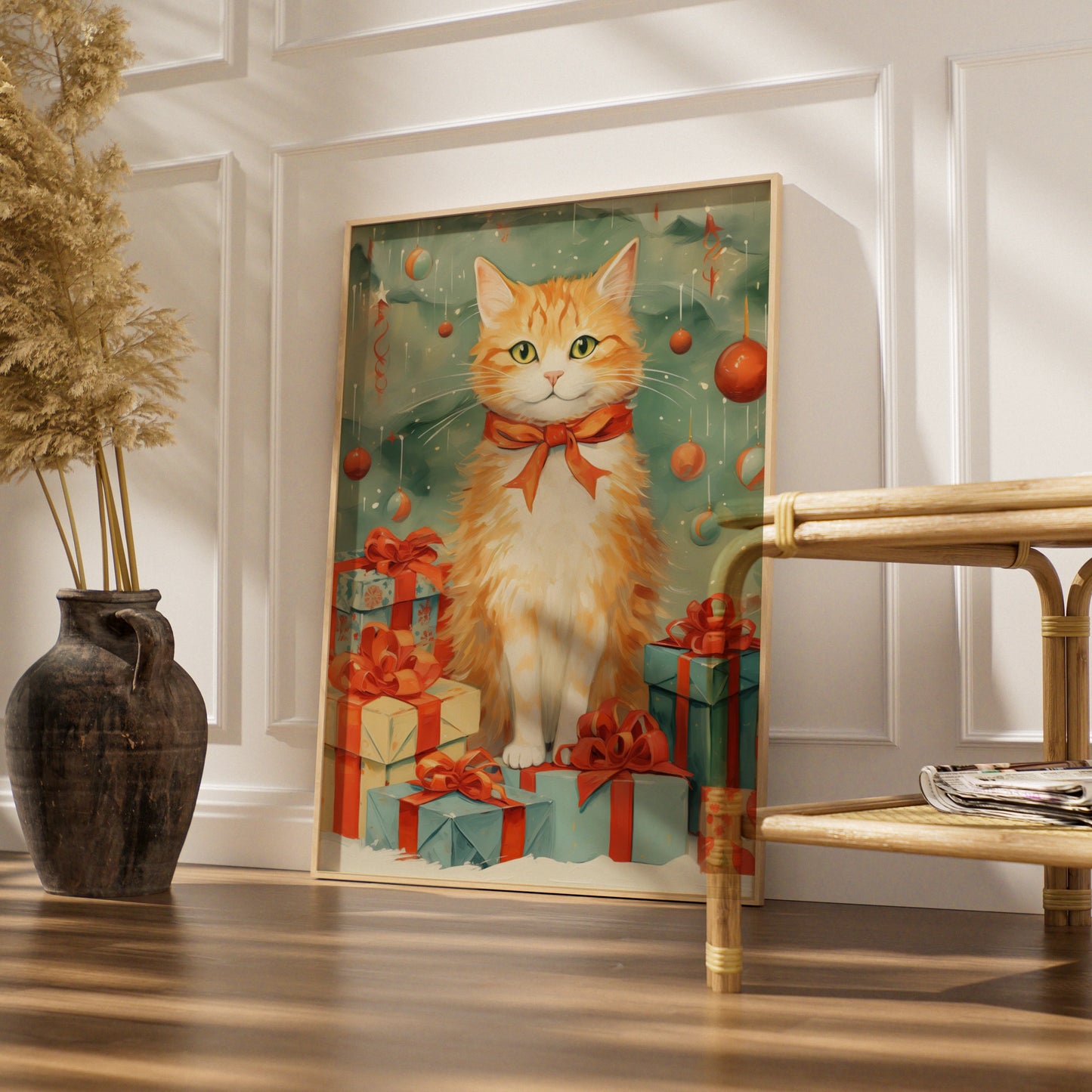Christmas Cat Poster, Ginger Cat Art Print, Festive Xmas Wall Art, Holiday Gift Decor