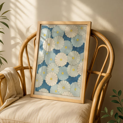 Japanese Botanical Print, Vintage Floral Woodblock Wall Art, Blue Chrysanthemum Japandi Poster – A5 White frame