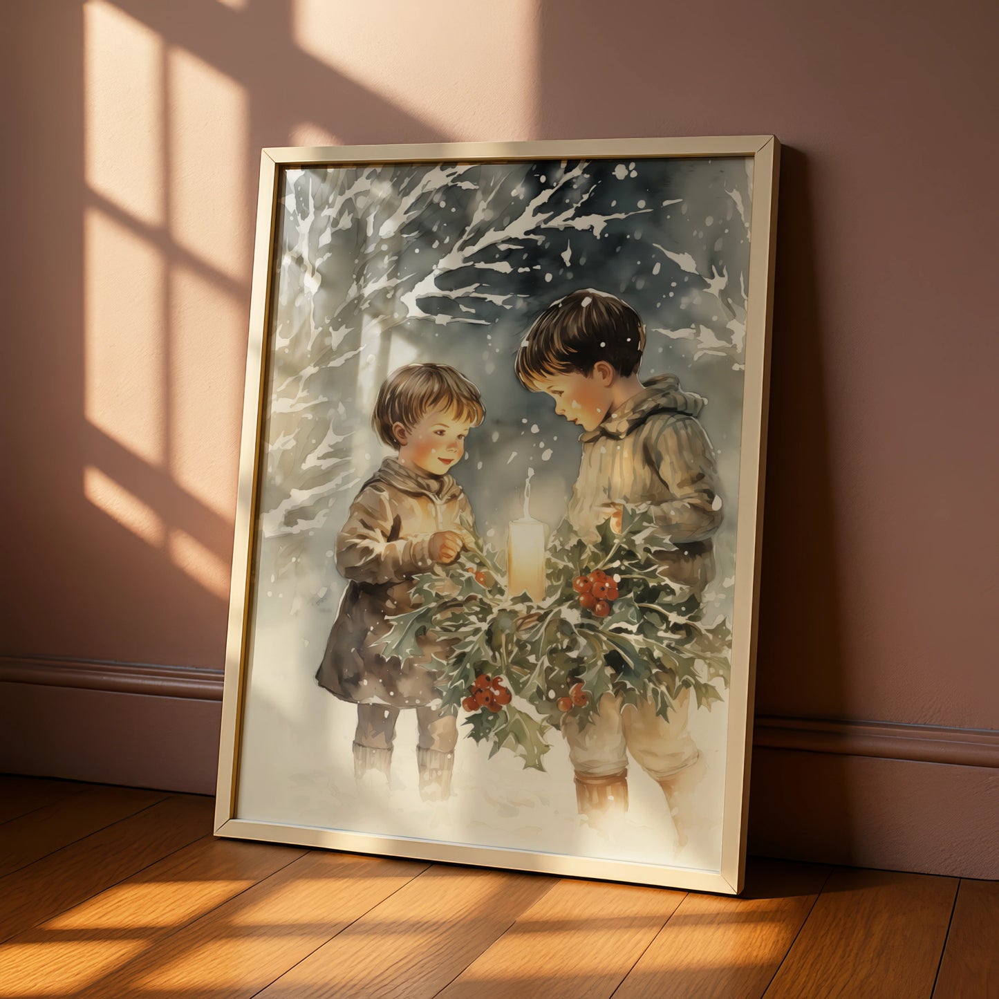 Christmas Children Holly Candle Poster, Vintage Winter Snow Watercolour Wall Art Print