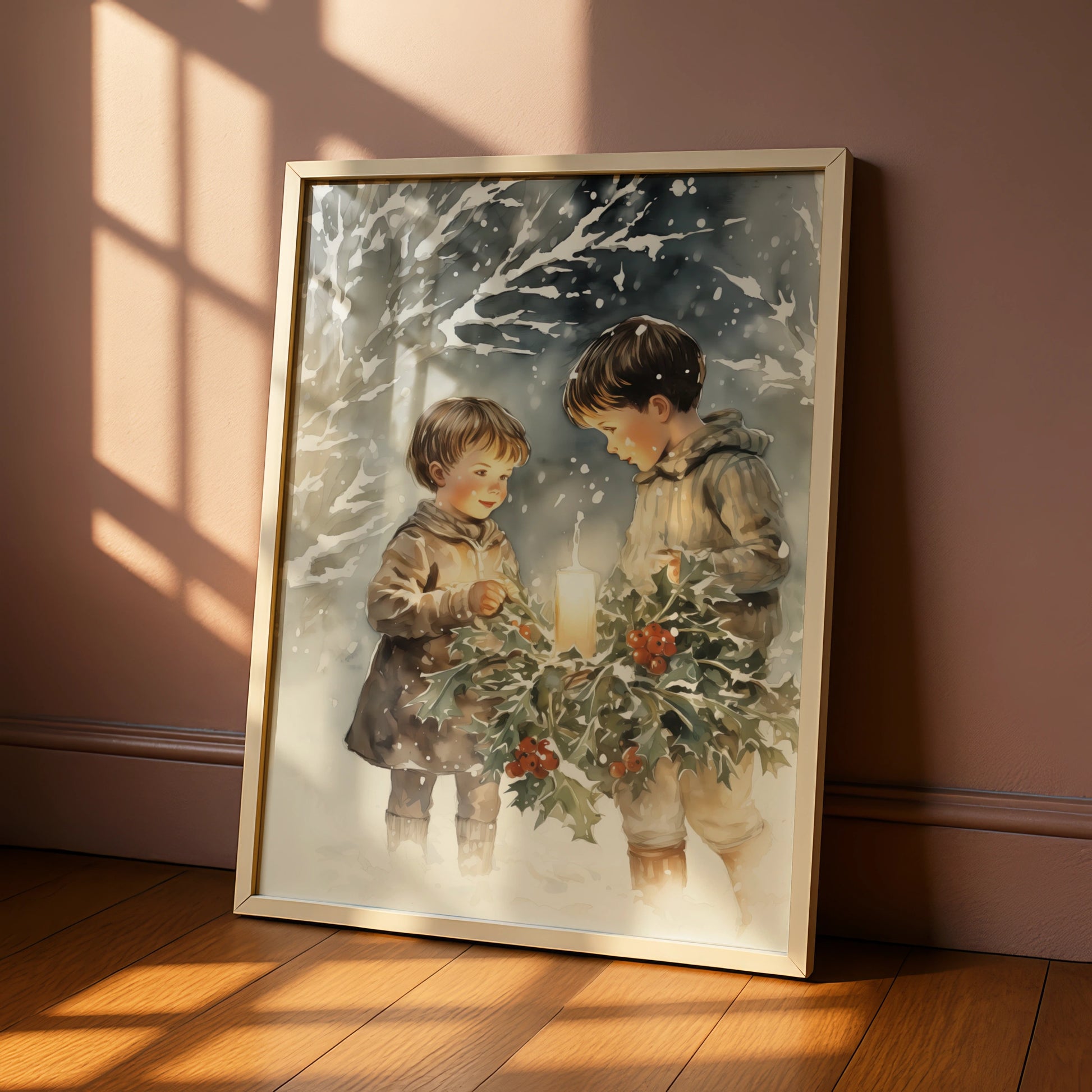 Christmas Children Holly Candle Poster, Vintage Winter Snow Watercolour Wall Art Print
