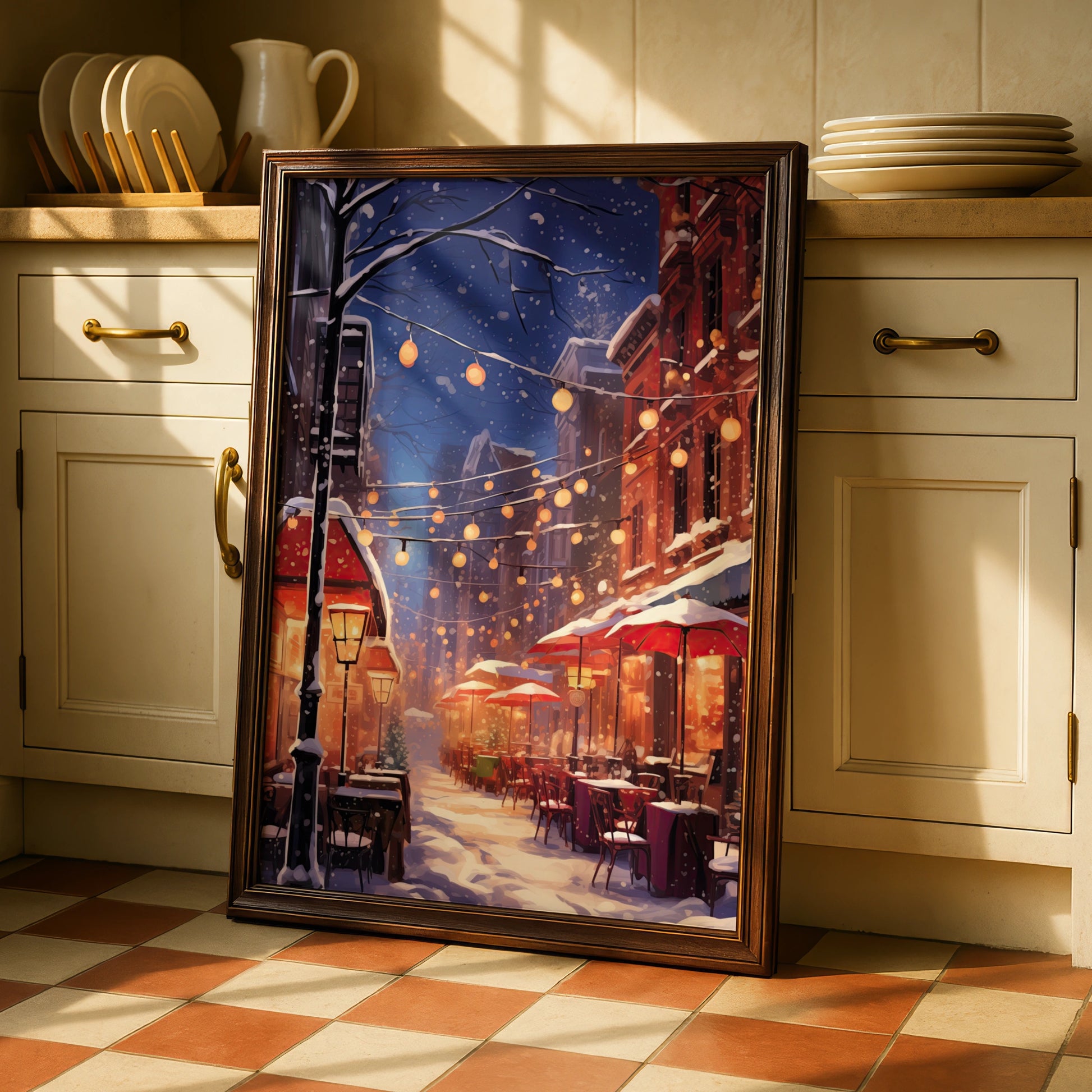 Christmas Street Scene Poster, Snowy Winter Night Wall Art, Festive City Lights Print