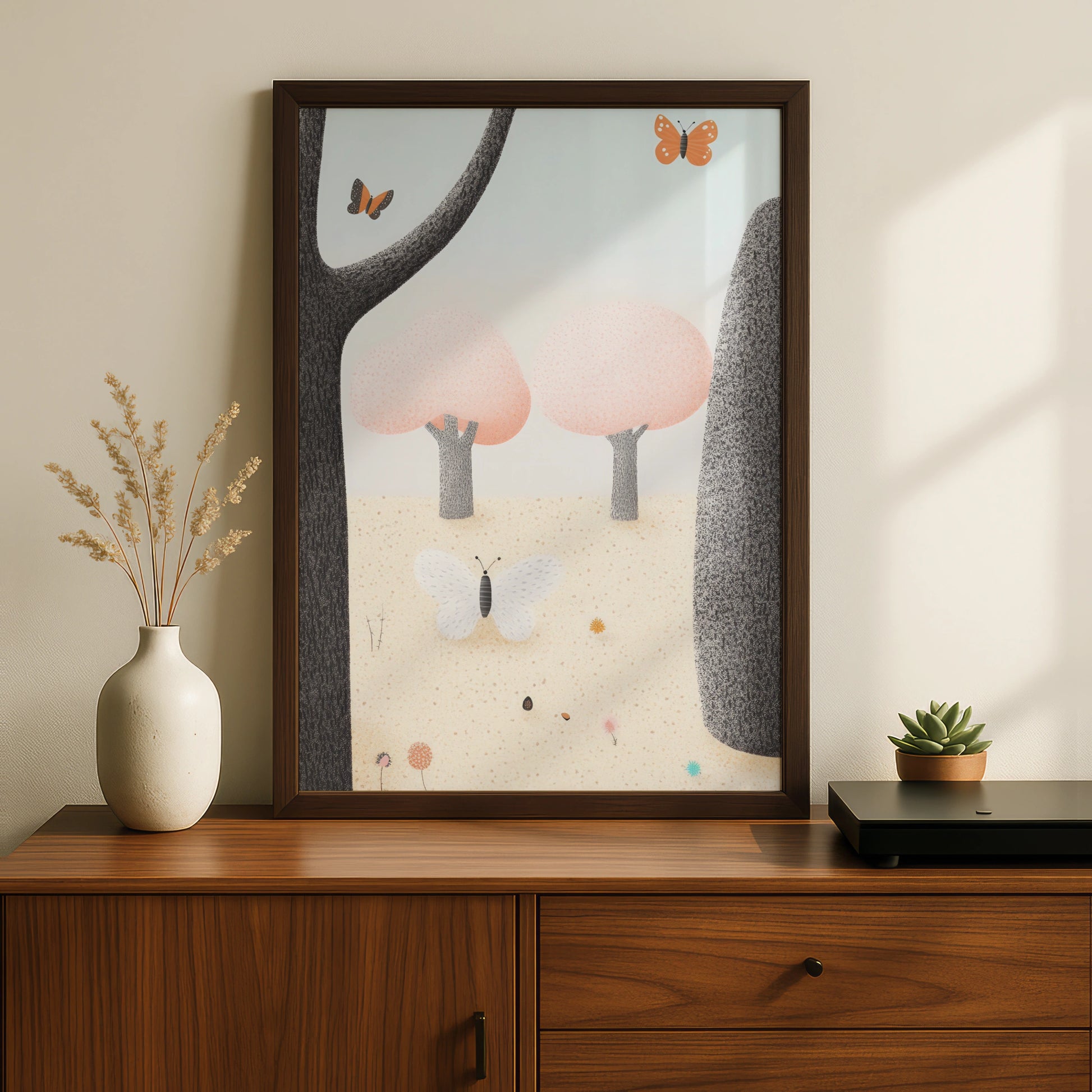 Butterfly Forest Nursery Wall Art, Pastel Nature Print, Baby Girl Room Poster, Woodland Decor