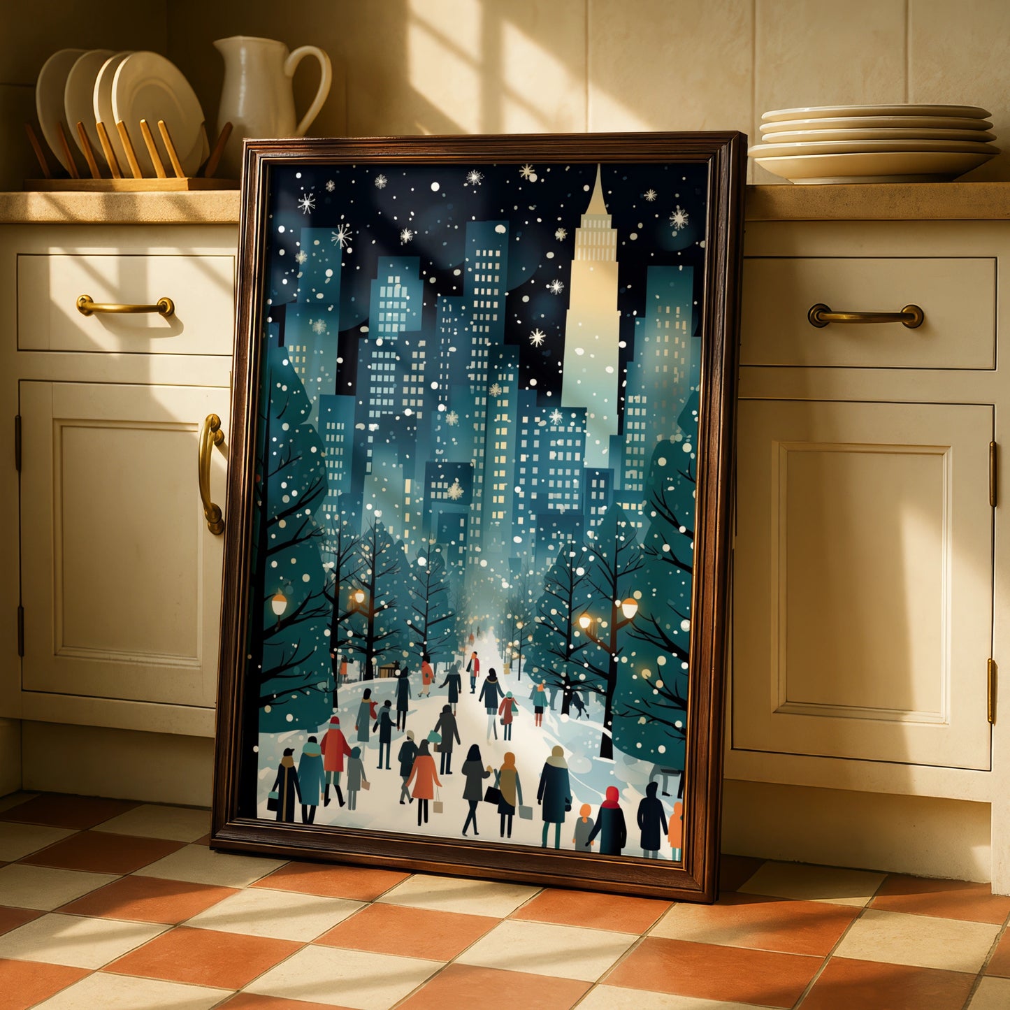 Christmas New York City Poster, Winter Snowy NYC Skyline Art, Festive Holiday Wall Decor Print
