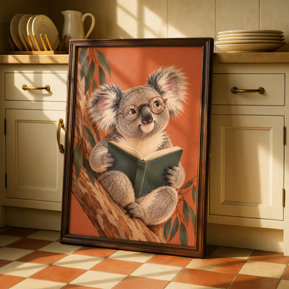 Koala Reading Book Print, Australian Wildlife Wall Art, Cute Animal Poster, Kids Room Decor