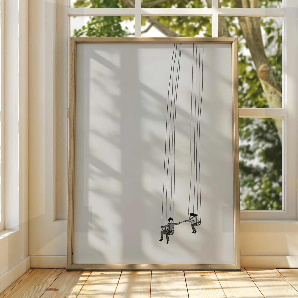Couple on Swings Monochrome Wall Art, Minimalist Black and White Poster, Modern Neutral Print
