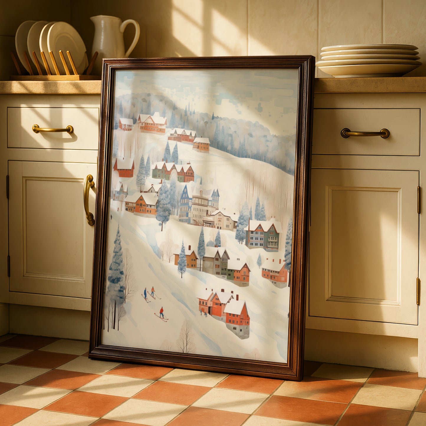 Christmas Winter Village Poster, Snowy Ski Scene Wall Art, Festive Holiday Print, Cosy Xmas Decor
