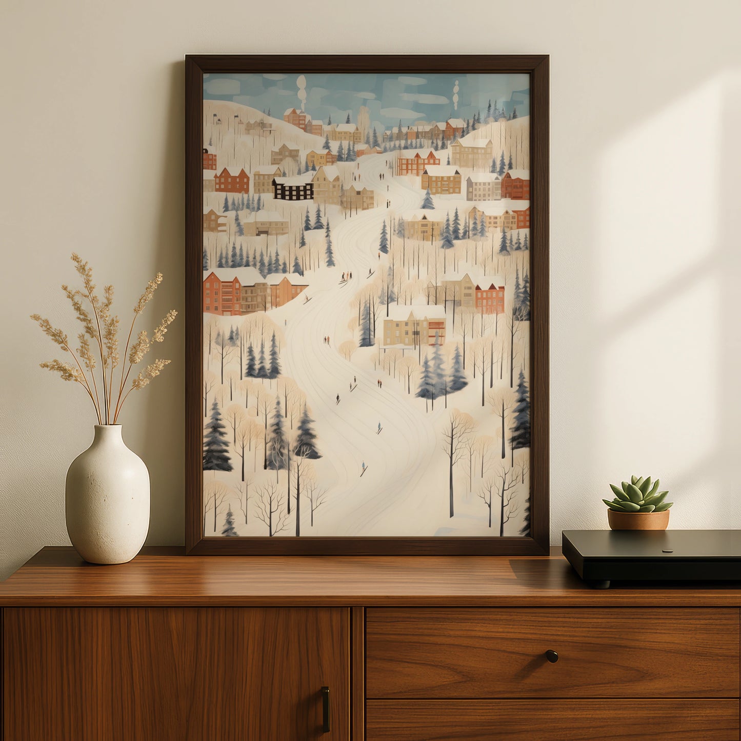 Christmas Winter Village Poster, Snowy Ski Slope Scene, Festive Holiday Wall Art Print