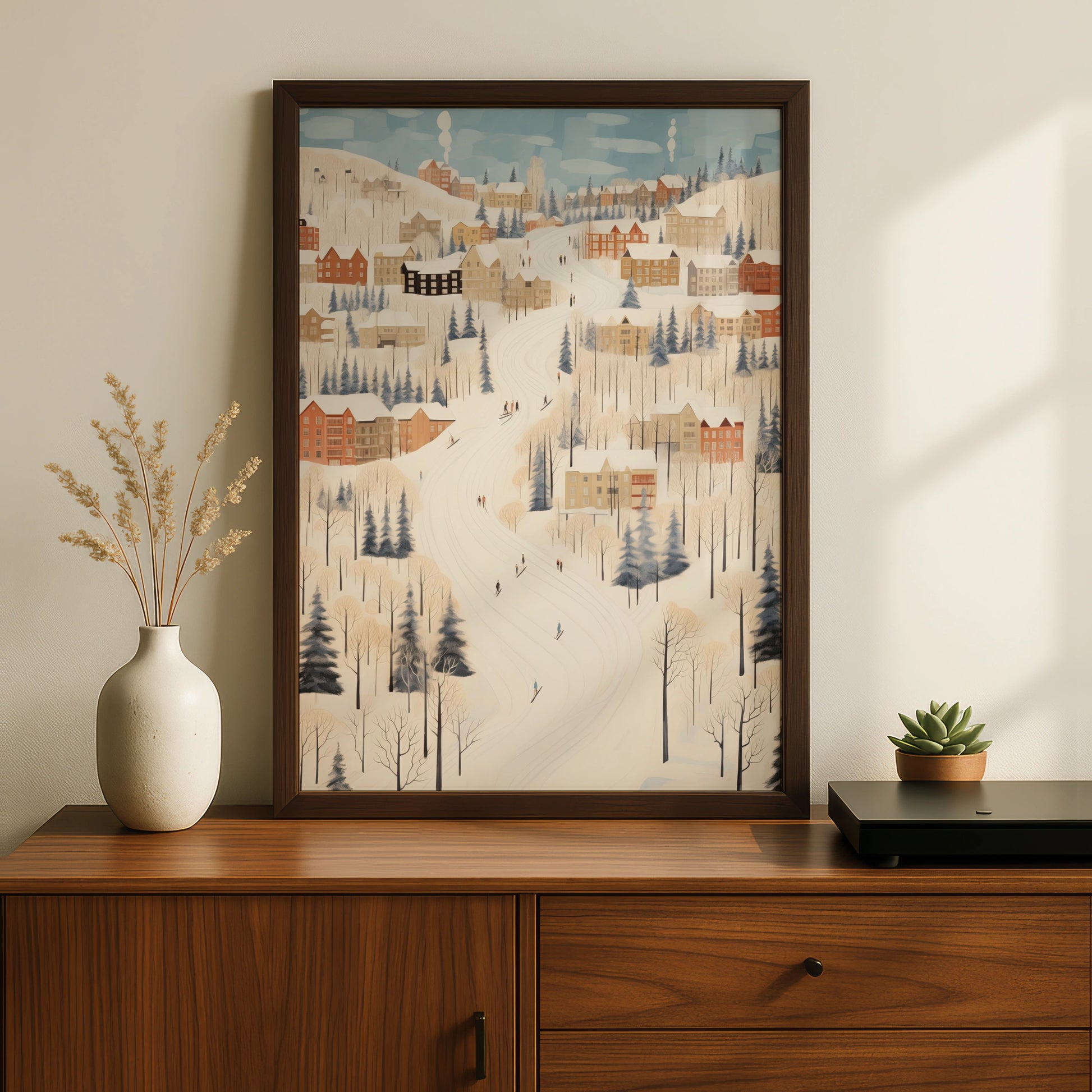 Christmas Winter Village Poster, Snowy Ski Slope Scene, Festive Holiday Wall Art Print