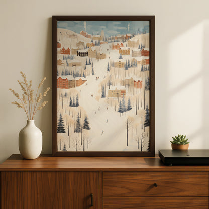 Christmas Winter Village Poster, Snowy Ski Slope Scene, Festive Holiday Wall Art Print