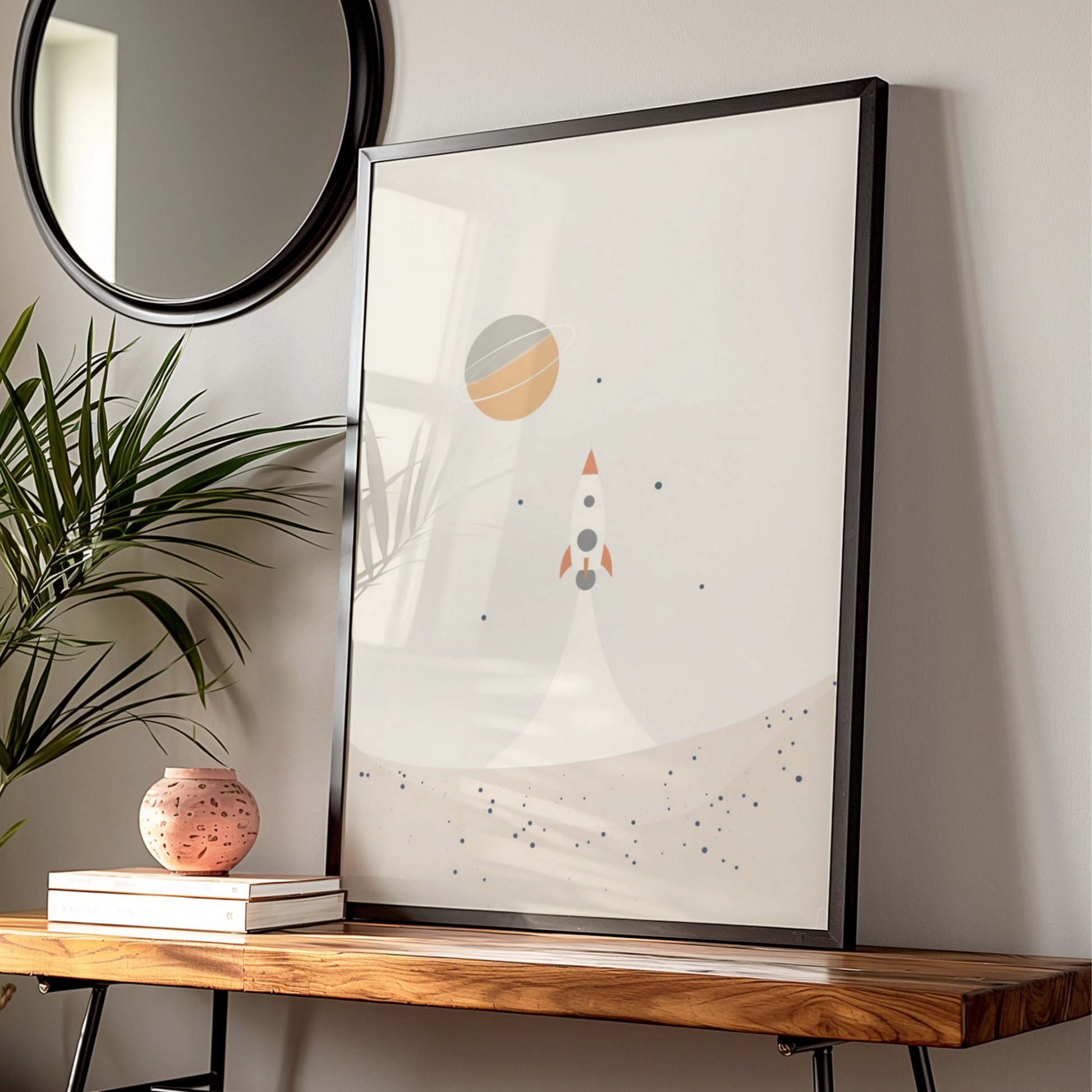 Rocket Space Nursery Wall Art, Boys Room Poster, Saturn Planet Print, Boho Beige Kids Decor