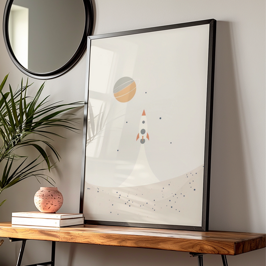 Rocket Space Nursery Wall Art, Boys Room Poster, Saturn Planet Print, Boho Beige Kids Decor