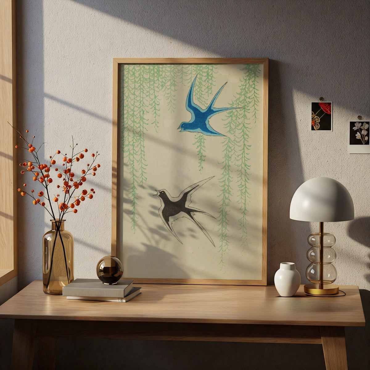 Japanese Swallow Wall Art, Vintage Woodblock Bird Print, Japandi Willow Poster – A4 print