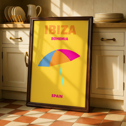 Ibiza Travel Poster, Spain Beach Wall Art, Retro Holiday Print, Colourful Summer Decor