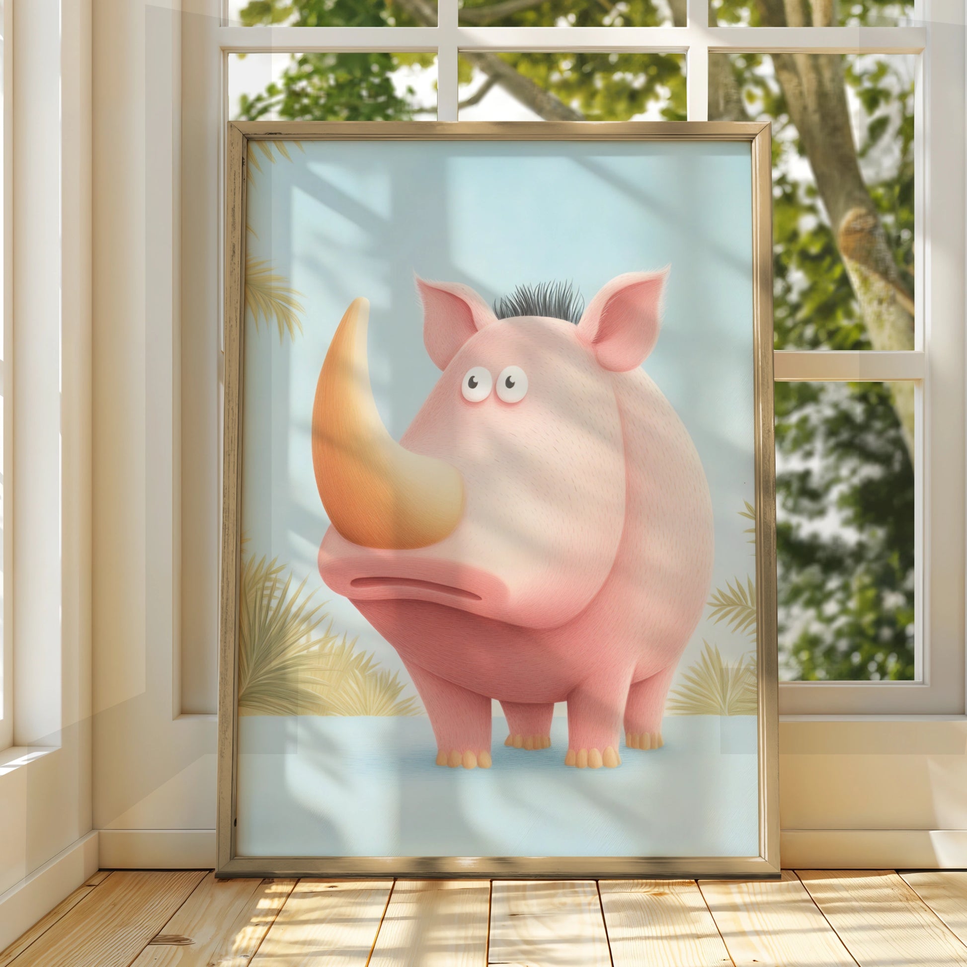 Cute Rhino Nursery Wall Art, Pink Rhinoceros Print, Safari Animal Poster for Kids Room