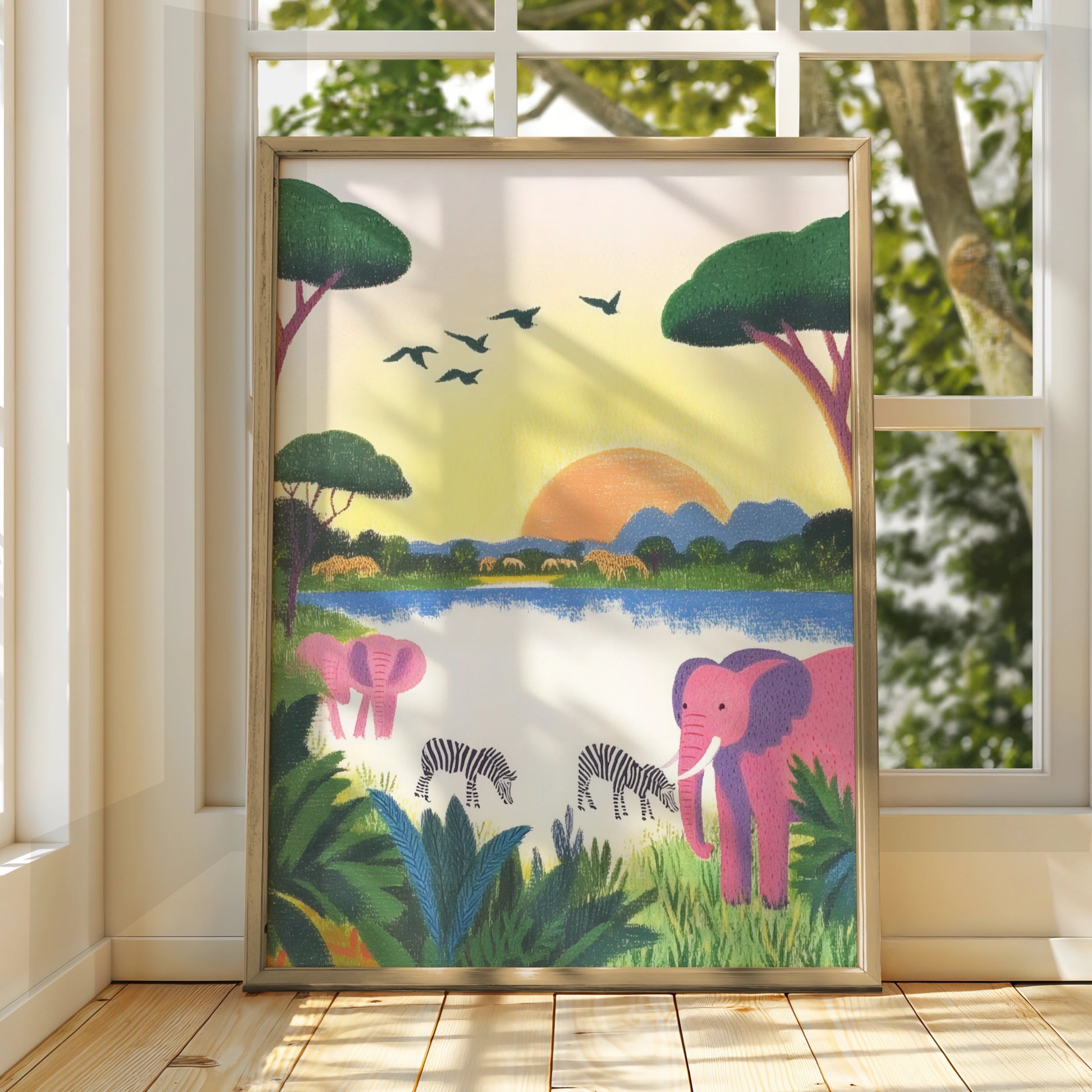Safari Nursery Wall Art, Elephant Zebra Print, Colourful Animal Poster, Kids Room Decor