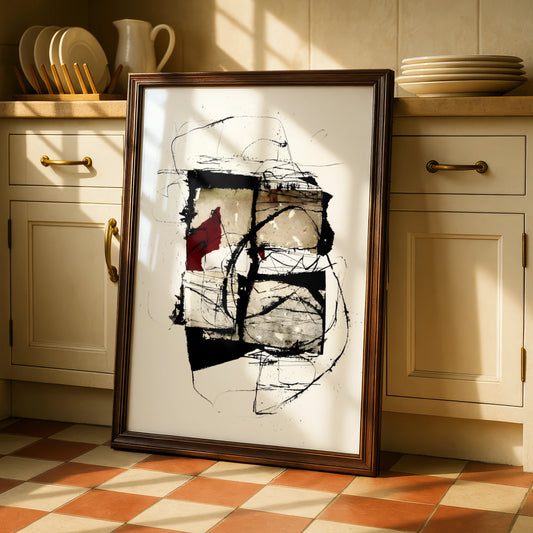 Abstract Ink Art Print, Monochrome Wall Art with Red Accent, Modern Contemporary Poster