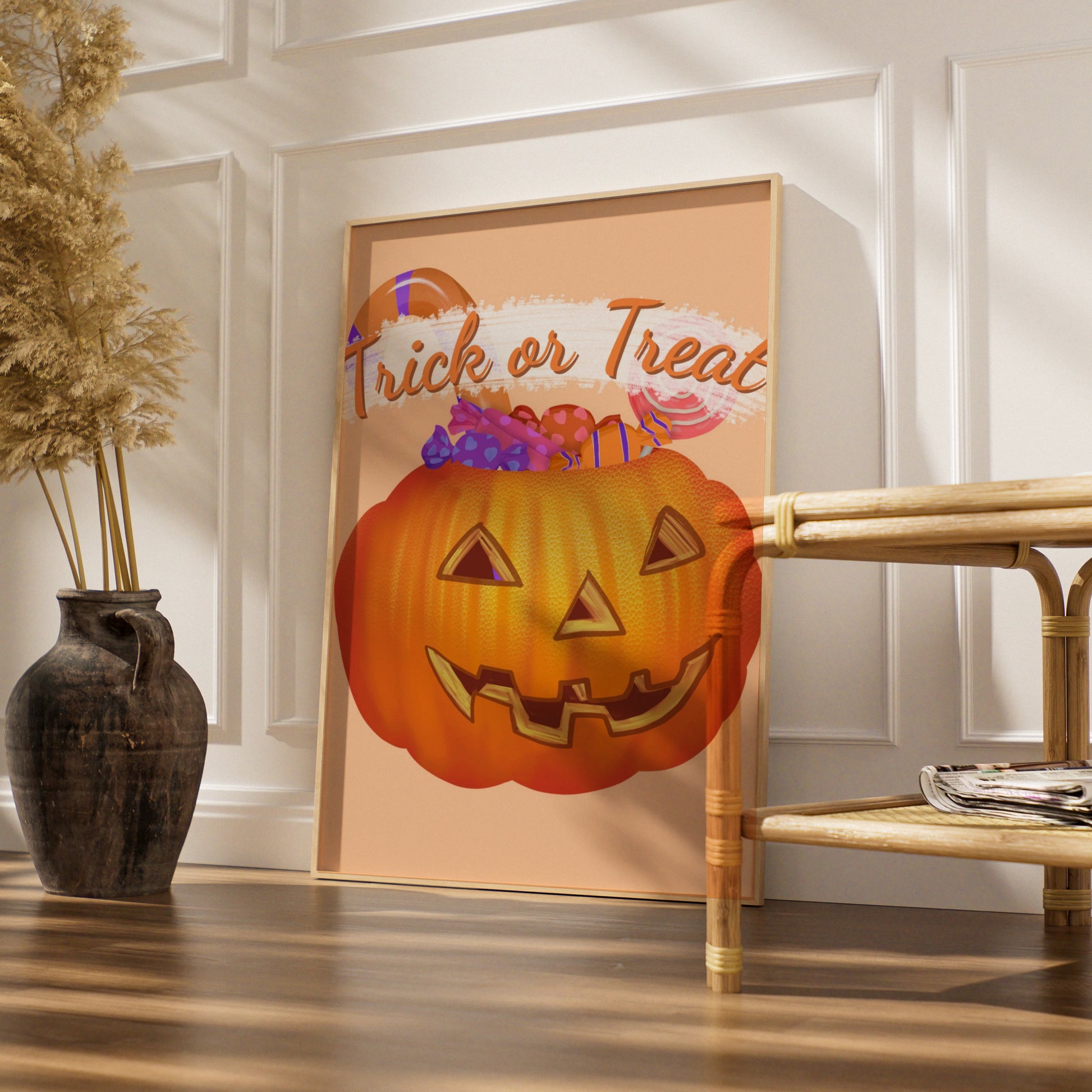 Trick or Treat Halloween Poster, Jack-o-Lantern Candy Print, Pumpkin Wall Art