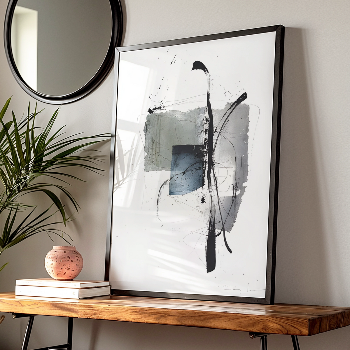 Abstract Monochrome Wall Art, Black Grey Ink Brush Print, Modern Contemporary Poster — Digital Download