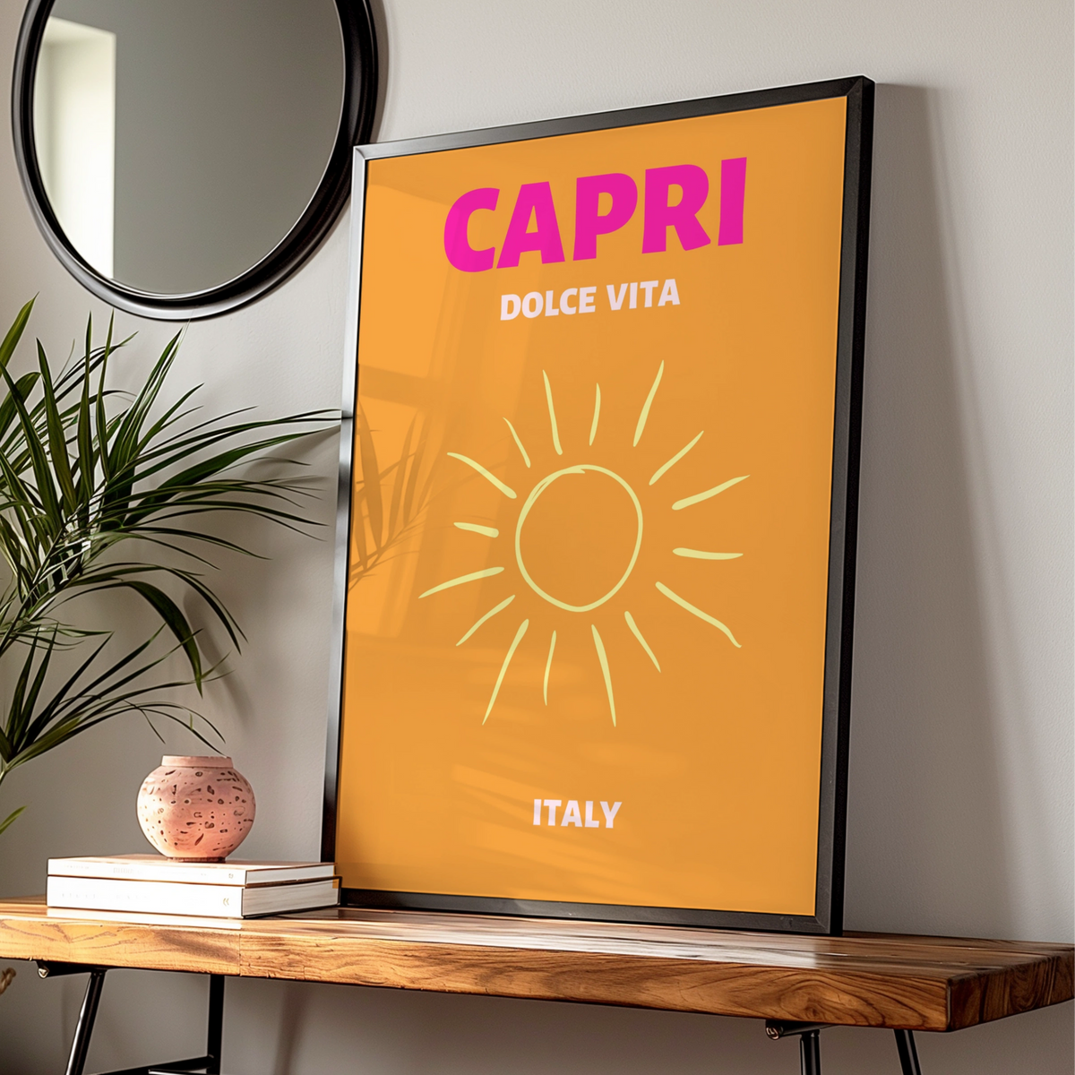 Capri Italy Travel Poster, Retro Sun Wall Art, Italian Holiday Print, Dolce Vita Decor
