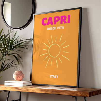 Capri Italy Travel Poster, Retro Sun Wall Art, Italian Holiday Print, Dolce Vita Decor