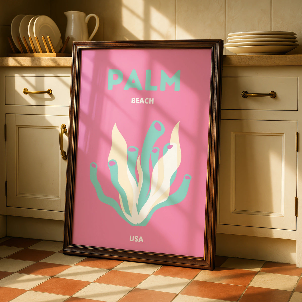 Palm Beach Travel Poster, Florida USA Wall Art, Retro Beach Print, Pink Coral Coastal Decor