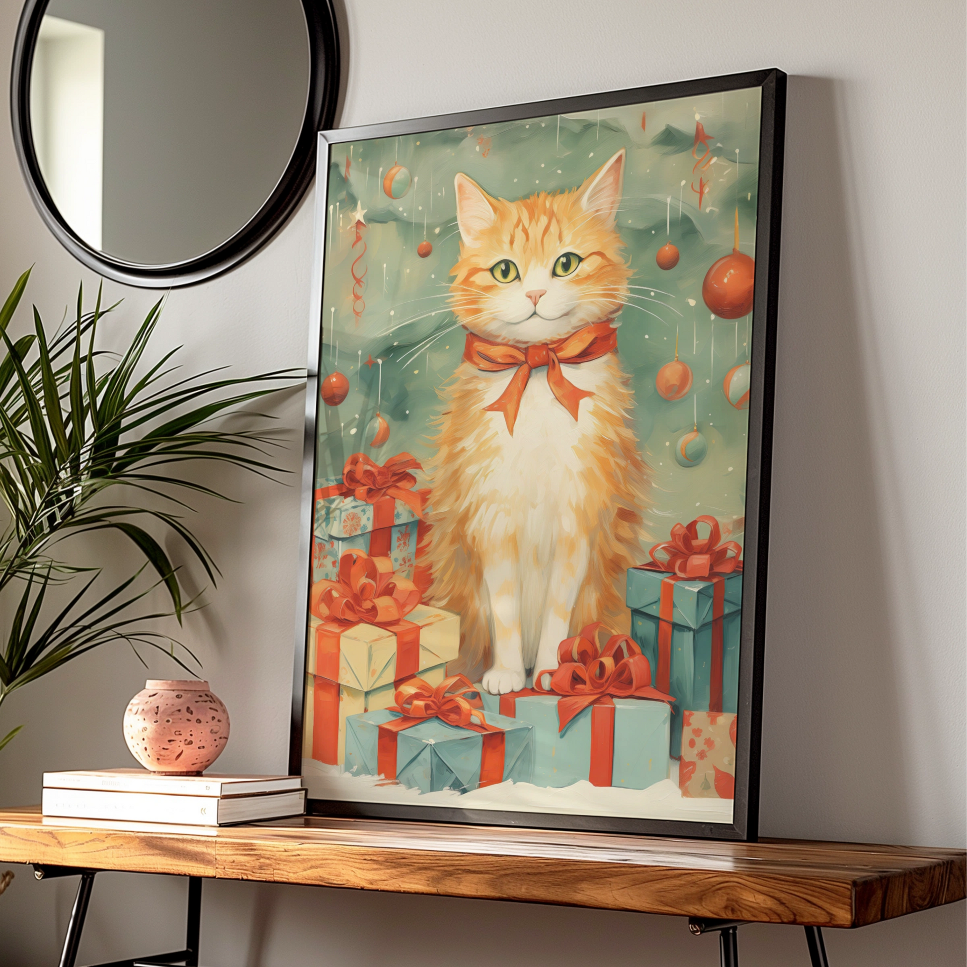 Christmas Cat Poster, Ginger Cat Art Print, Festive Xmas Wall Art, Holiday Gift Decor