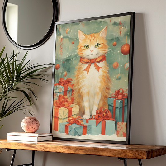 Christmas Cat Poster, Ginger Cat Art Print, Festive Xmas Wall Art, Holiday Gift Decor