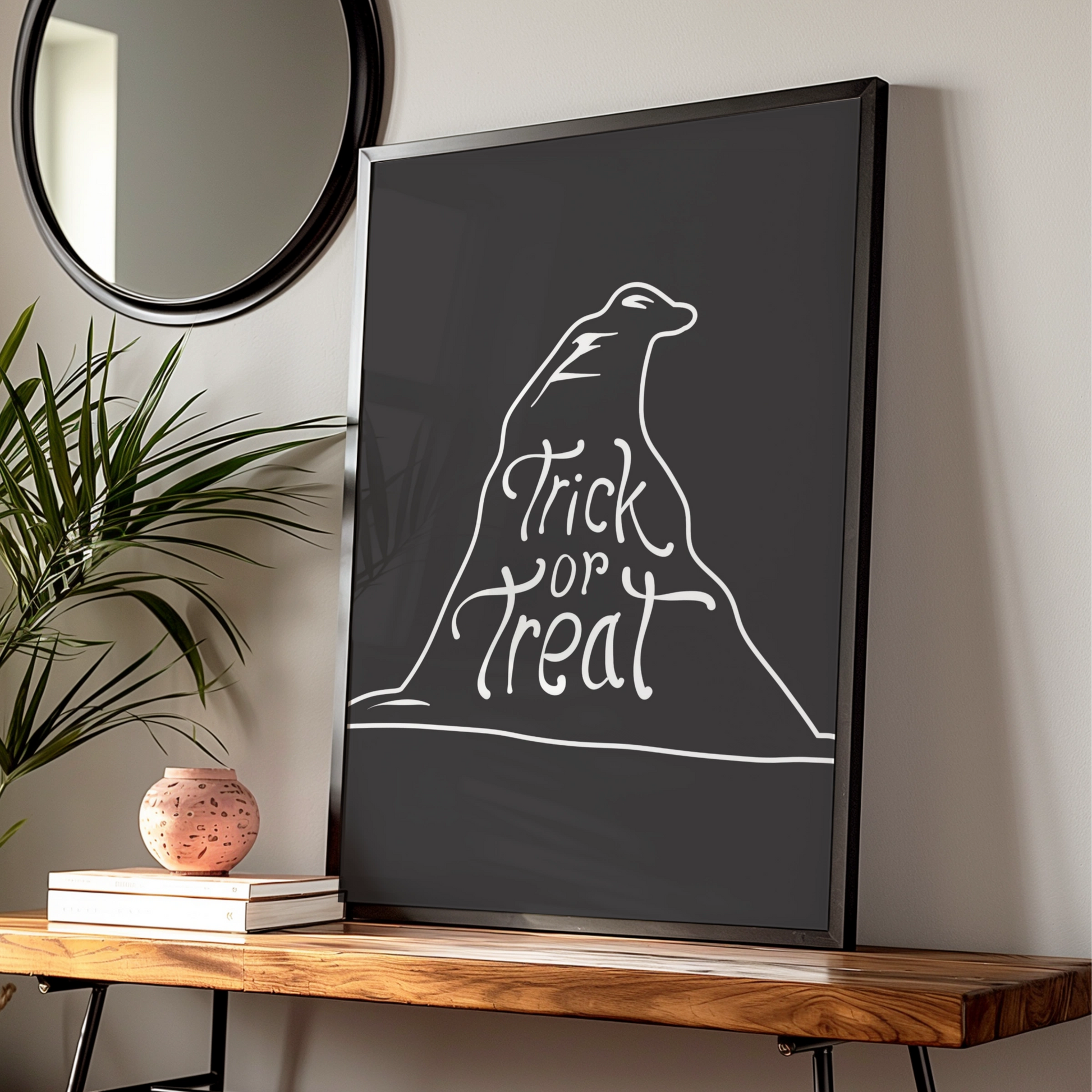 Halloween Trick or Treat Poster, Black Cat Line Art, Spooky Wall Art Print