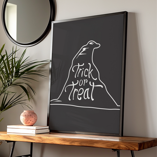 Halloween Trick or Treat Poster, Black Cat Line Art, Spooky Wall Art Print