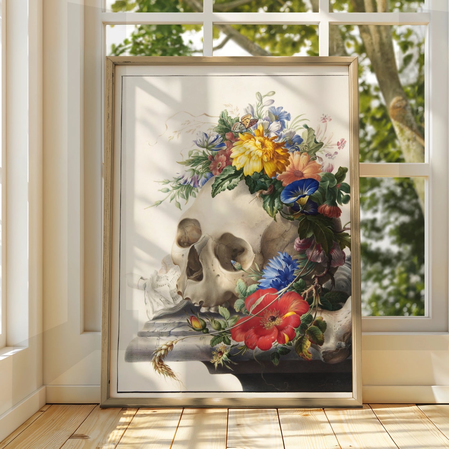 Halloween Skull Floral Poster, Vanitas Wall Art, Gothic Botanical Print, Dark Academia Decor