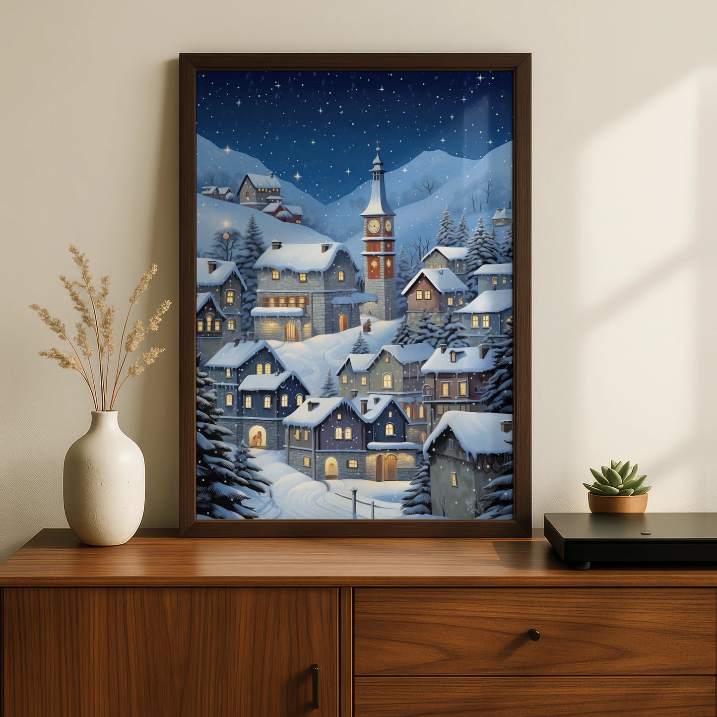 Christmas Village Poster, Snowy Winter Night Wall Art, Clock Tower Scene, Festive Holiday Print