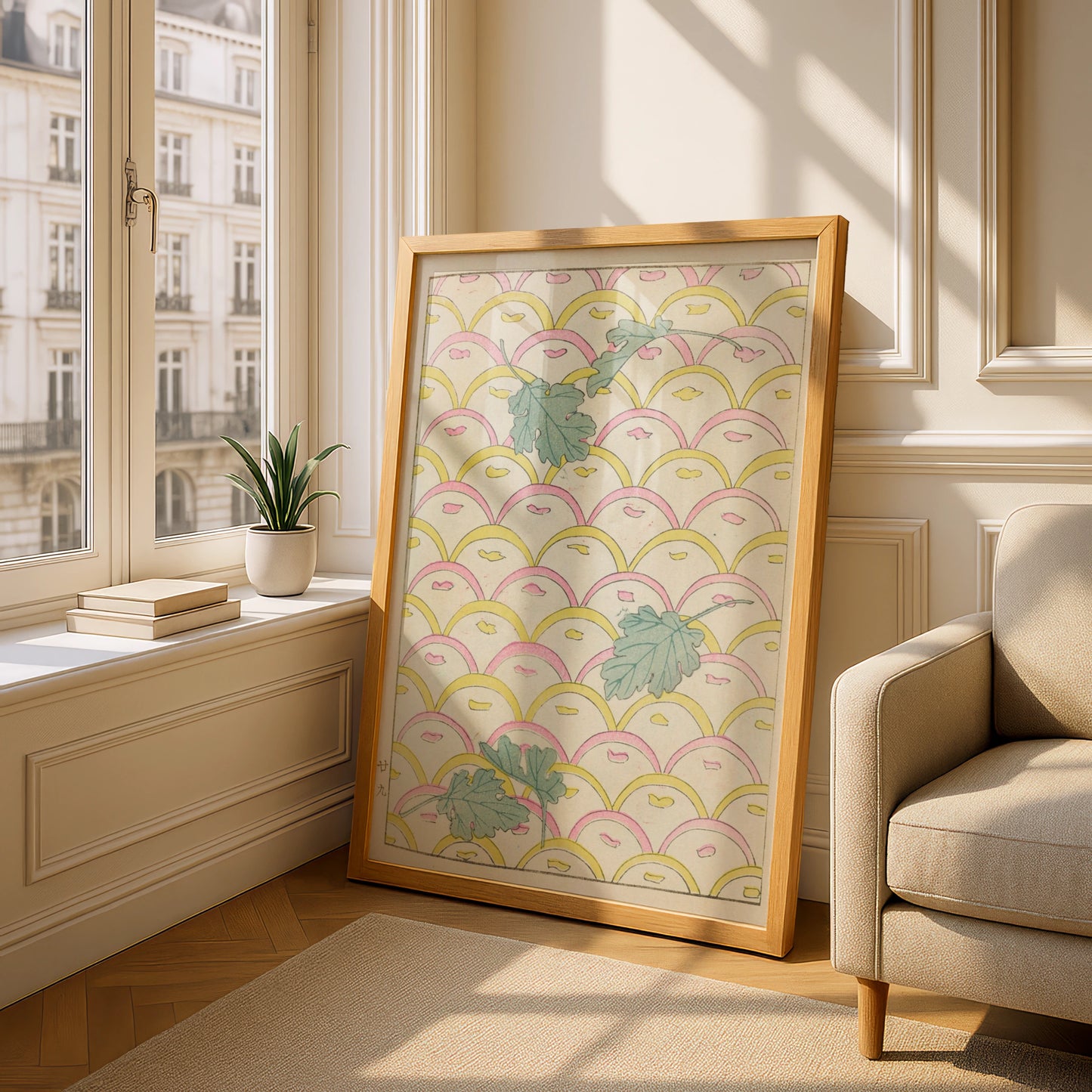 Japanese Botanical Print, Vintage Woodblock Wall Art, Leaf Scallop Pattern, Japandi Floral Poster – A5 Oak frame