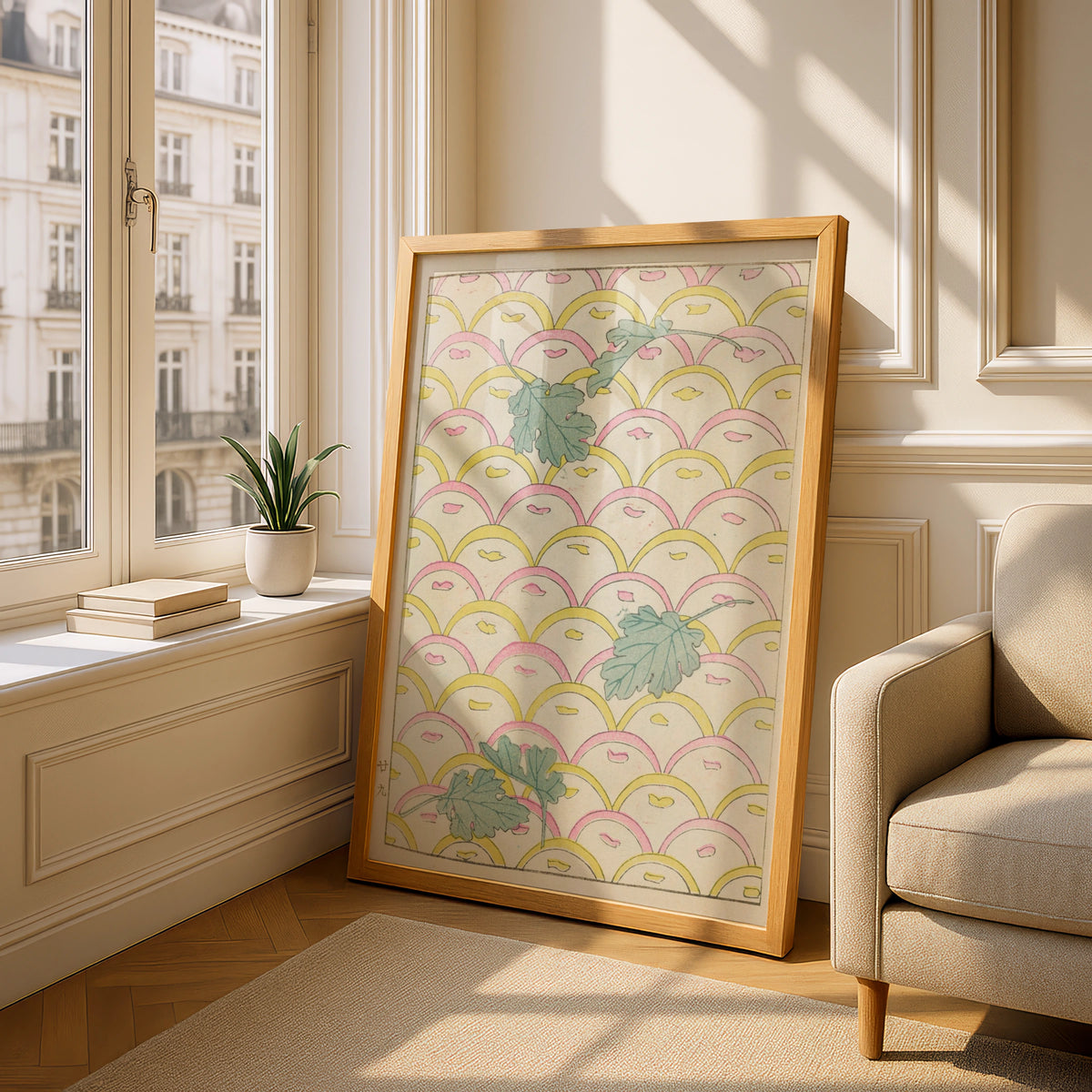 Japanese Botanical Print, Vintage Woodblock Wall Art, Leaf Scallop Pattern, Japandi Floral Poster – A5 Oak frame