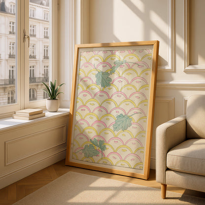 Japanese Botanical Print, Vintage Woodblock Wall Art, Leaf Scallop Pattern, Japandi Floral Poster – A5 Oak frame