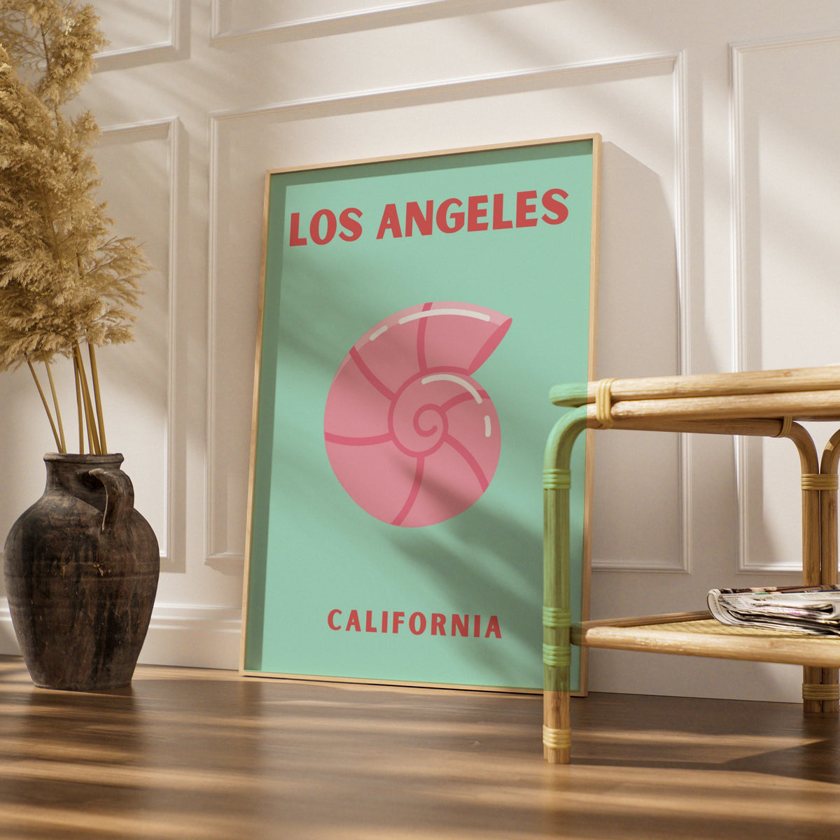 Los Angeles California Travel Poster, Retro Shell Wall Art, Mint Pink Coastal Print