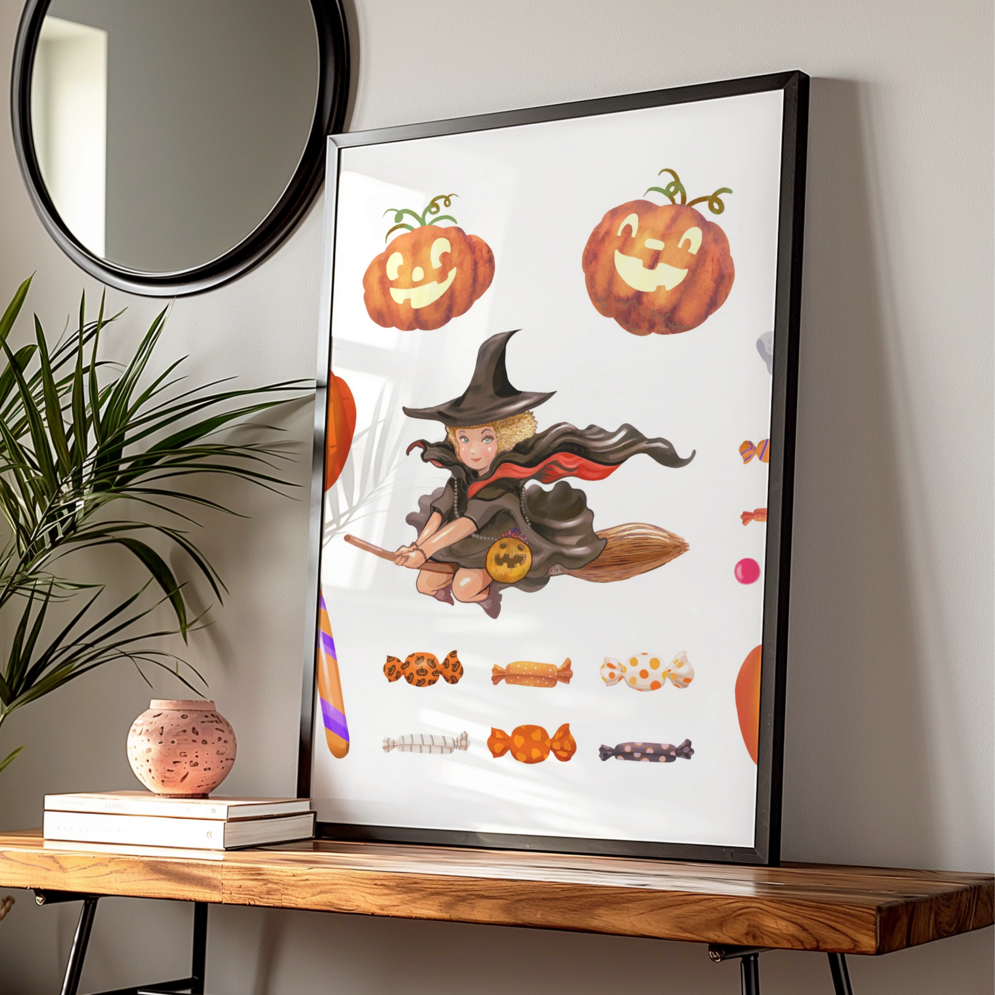 Halloween Wall Art Poster, Witch Pumpkin Ghost Black Cat, Trick or Treat Print