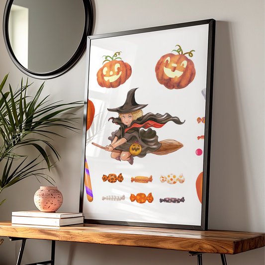 Halloween Wall Art Poster, Witch Pumpkin Ghost Black Cat, Trick or Treat Print