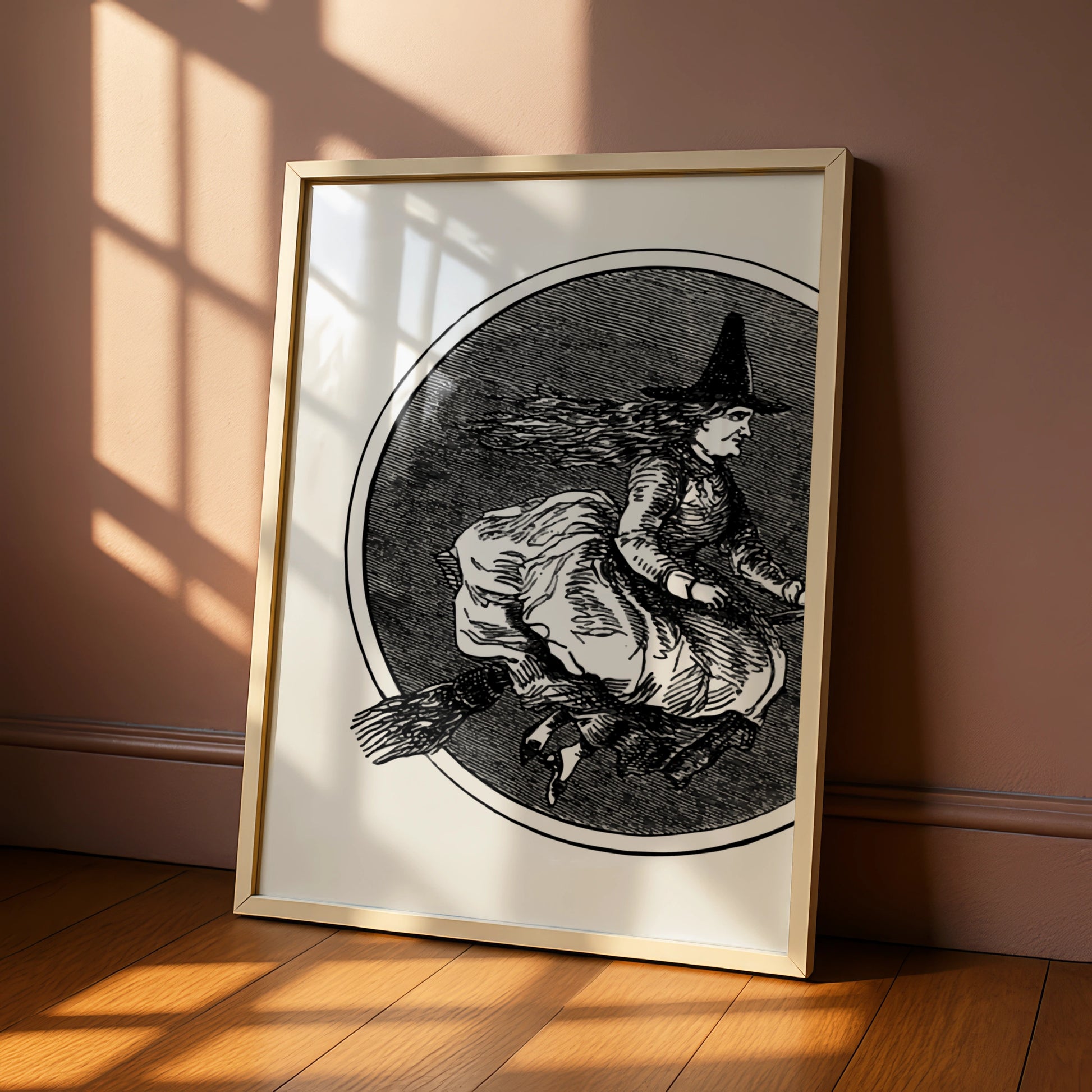 Vintage Witch On Broomstick Halloween Art Print, Gothic Wall Poster, Black White