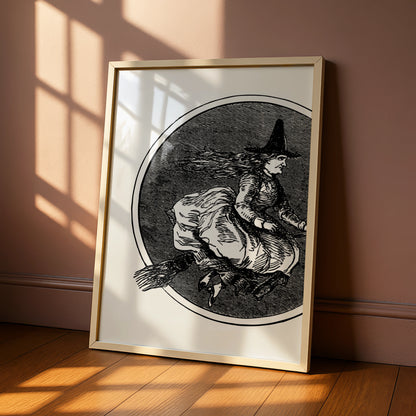 Vintage Witch On Broomstick Halloween Art Print, Gothic Wall Poster, Black White