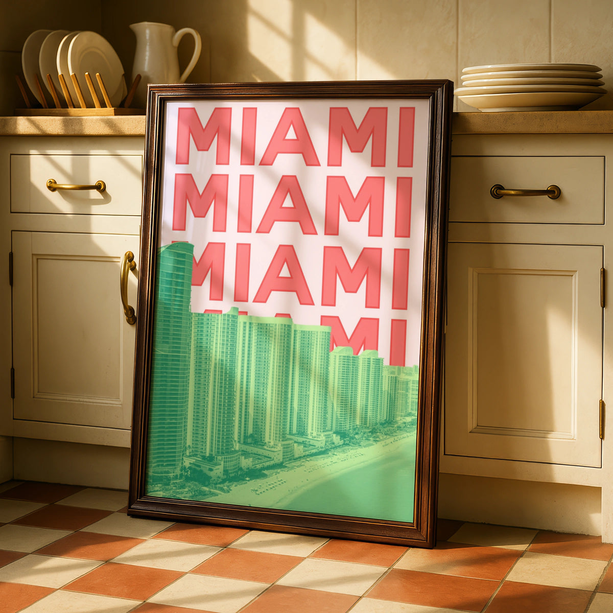 Miami Travel Poster, Florida Retro Wall Art, City Print, Pink Green Bold Typography Decor